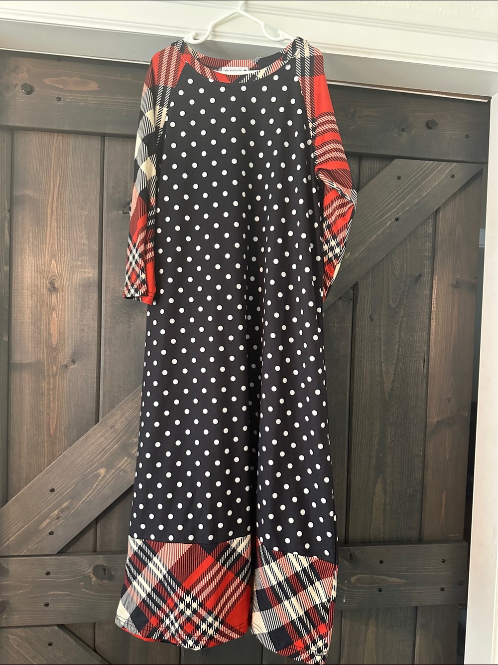 Girls Black Polka Dot & Red Plaid Raglan Dress